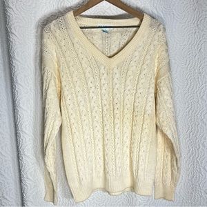 VINTAGE Creamy V Neck Cable Knit Sweater Top